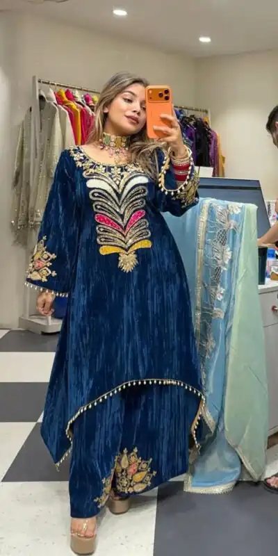 Blue Velvet Sequence Patch Work Salwar Suit