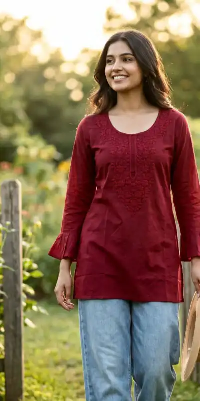 Maroon Rayon Chikan Work Kurti