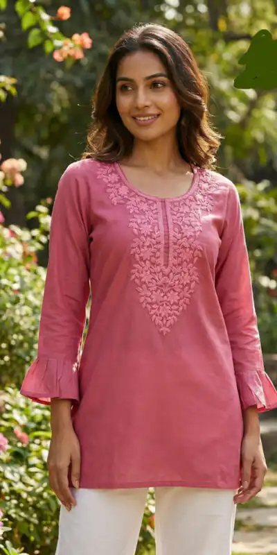 Peach Rayon Chikan Work Kurti