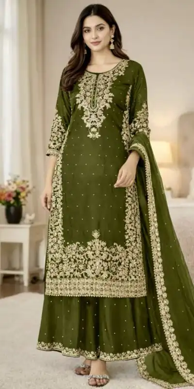 Mahendi Organza Silk Embroidery Work Salwar Suit