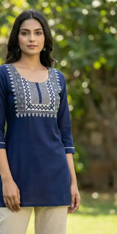 Navy Blue Rayon Thread Work Kurti