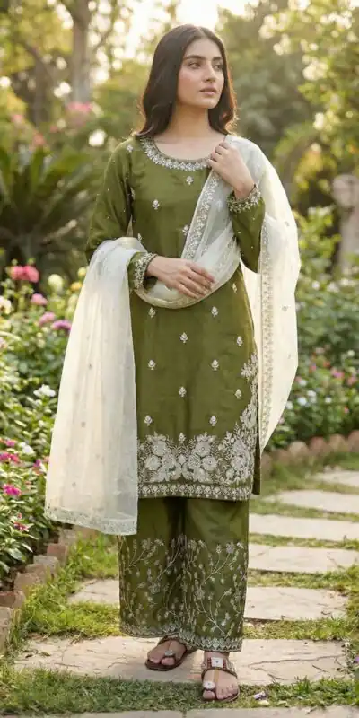 Mahendi Organza Silk Lace Embroidery Work Salwar Suit