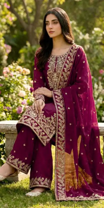 Wine Organza Silk With Sequence Work Salwar Suit
