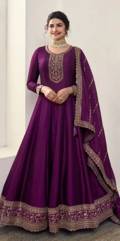 Wine Silk Georgette Embroidery Work Salwar Suit