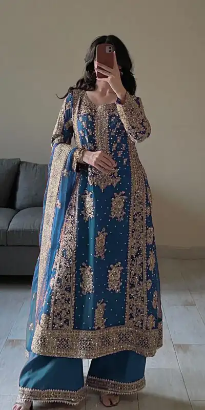 Blue Faux Sequence Pearl Work Georgette Salwar Suit