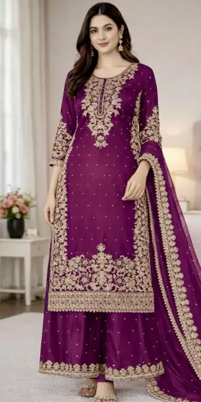 Wine Organza Silk Embroidery Work Salwar Suit