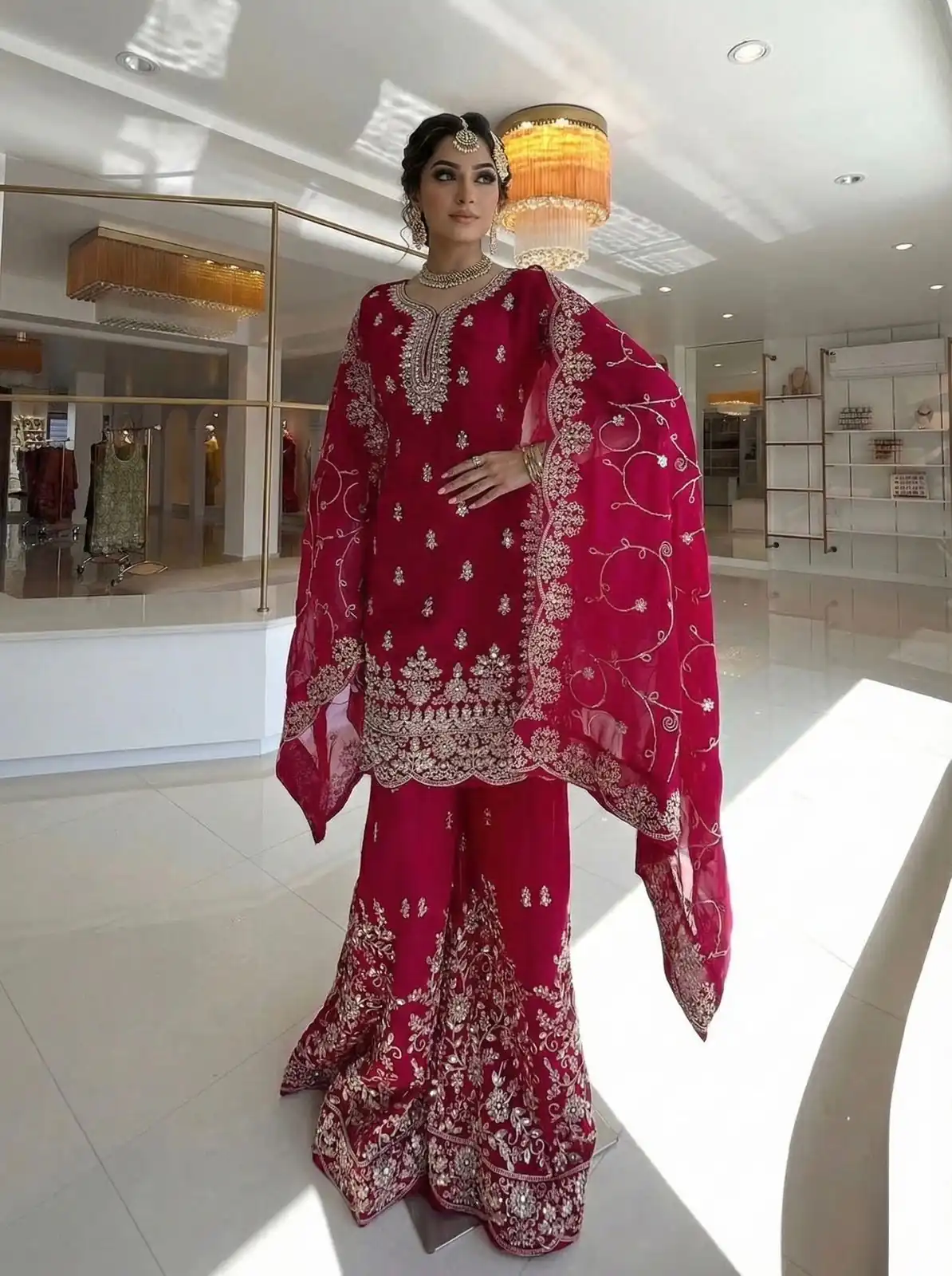 Red Organza Silk Embroidery Lace Work Salwar Suit - Image 2