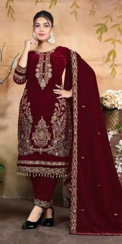 Maroon Velvet Embroidery Lace Work Salwar Suit