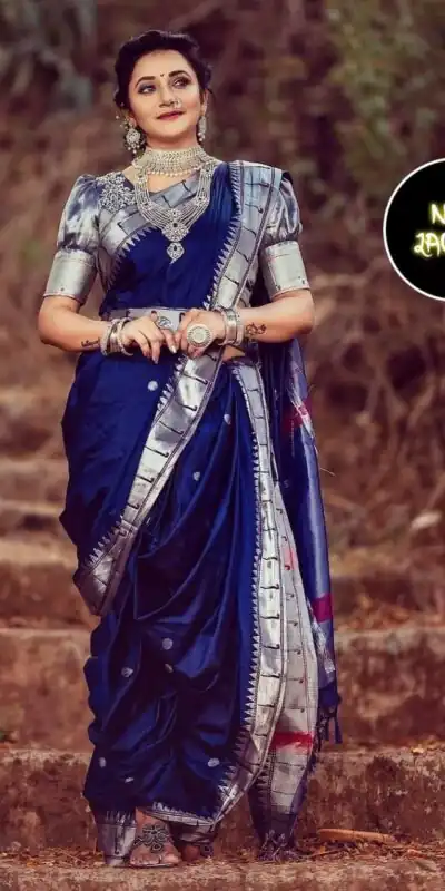 Blue Soft Lichi Silk All Over Border Work Saree