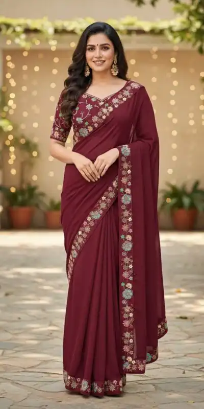 Pink Star Georgette Lace Embroidery Work Saree