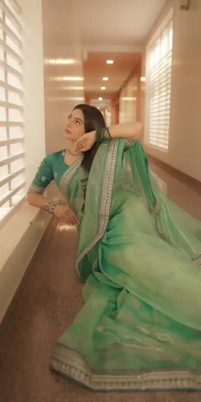 Pista Twill Net Sequins Embroidery Work Saree