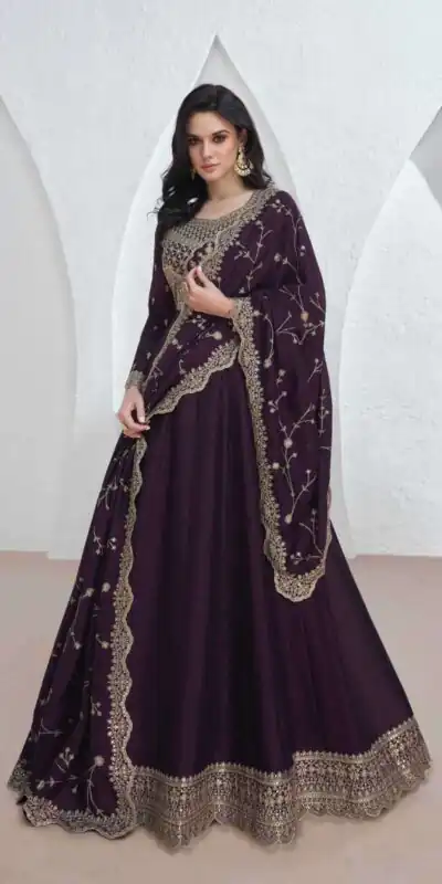 Wine Vichitra Embroidery Lace Work Salwar Suit