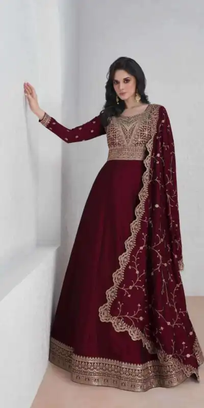 Maroon Vichitra Embroidery Lace Work Salwar Suit