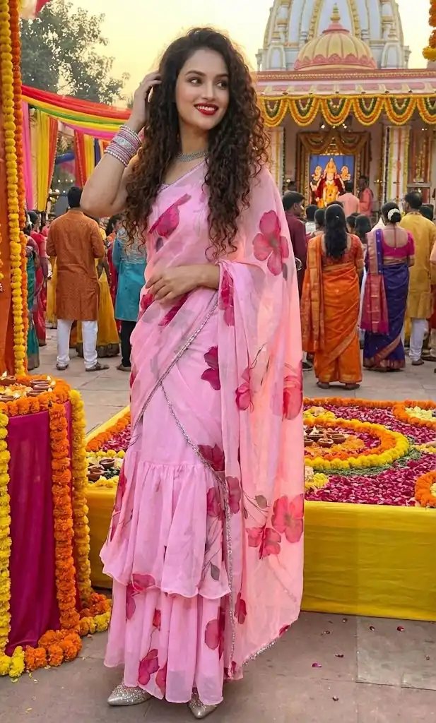 Baby Pink Premium Faux Georgette Saree BD 1805 Baby Pink with Digital Print. Now at just ₹2049. Delivery 4-6 Working Days. Shop now. | Designer Sarees, Embroidered Sarees, Sarees, Bollywood Sarees, Creative Sarees, Ethnic Saree, Modern Digital sarees, Party Wear Sarees