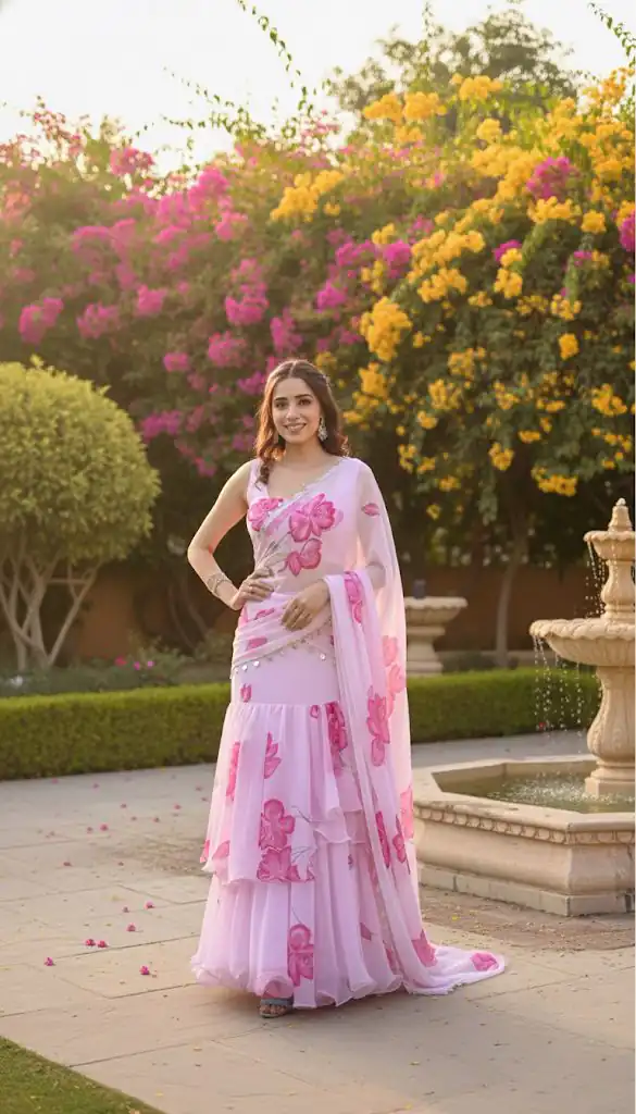 Baby Pink Premium Faux Georgette Saree BD 1805 Baby Pink with Digital Print. Now at just ₹2049. Delivery 4-6 Working Days. Shop now. | Designer Sarees, Embroidered Sarees, Sarees, Bollywood Sarees, Creative Sarees, Ethnic Saree, Modern Digital sarees, Party Wear Sarees