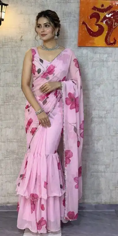 Baby Pink Premium Faux Georgette Saree BD 1805 Baby Pink with Digital Print. Now at just ₹2049. Delivery 4-6 Working Days. Shop now. | Designer Sarees, Embroidered Sarees, Sarees, Bollywood Sarees, Creative Sarees, Ethnic Saree, Modern Digital sarees, Party Wear Sarees