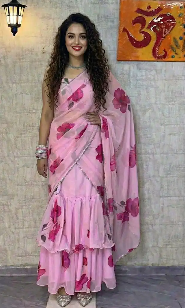 Baby Pink Premium Faux Georgette Saree BD 1805 Baby Pink with Digital Print. Now at just ₹2049. Delivery 4-6 Working Days. Shop now. | Designer Sarees, Embroidered Sarees, Sarees, Bollywood Sarees, Creative Sarees, Ethnic Saree, Modern Digital sarees, Party Wear Sarees