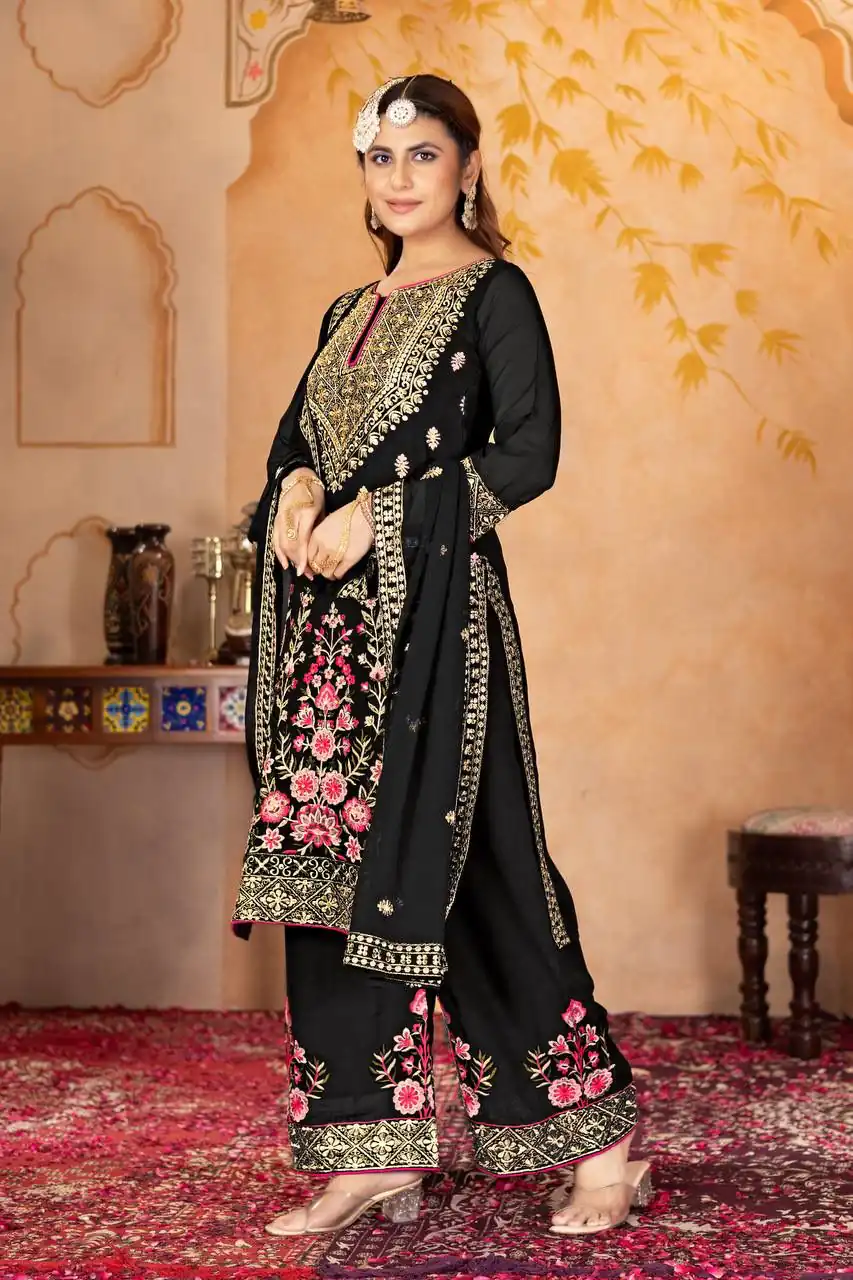 KF 1686 Black Faux Georgette Salwar Suit with Embroidery Work & Mirror Work. Exclusive Offer ₹2449. Delivery 4-6 Working Days. Shop now. | Jump Suits, Tops & Bottoms, Track Suits, Salwar suit, Casual Suits, Creative suits, Designer Suits, Palazzo Suits, Party Wear Suits, Patiala Suits, Straight Suits, Trendy Wear