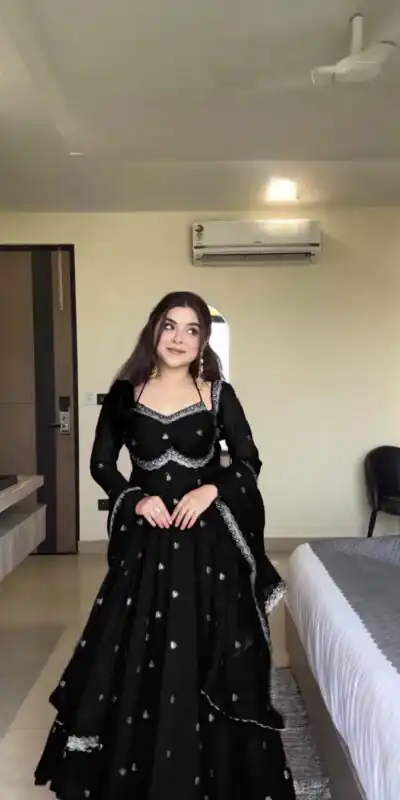 RTC 5924 Black Georgette Thread With Sequence Gown Perfect for Wedding, Party, Reception, Holi, Eid . Available at ₹1999 only. Delivery 4-6 Working Days. | Gowns, Bollywood Gowns, Creative Gowns, Designer Gowns, Embroidered Gowns, Party Wear Gowns