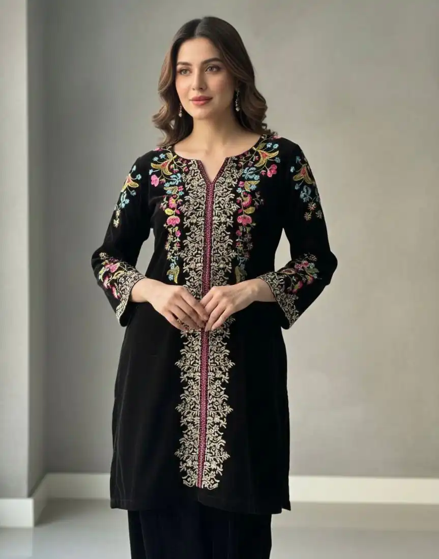 BE 426 Black Color Velvet Salwar Suit with Embroidery Work. Available at ₹1799 only. Delivery 4-6 Working Days. Shop now. | Jump Suits, Tops & Bottoms, Track Suits, Salwar suit, Casual Suits, Creative suits, Designer Suits, Palazzo Suits, Party Wear Suits, Patiala Suits, Straight Suits, Trendy Wear