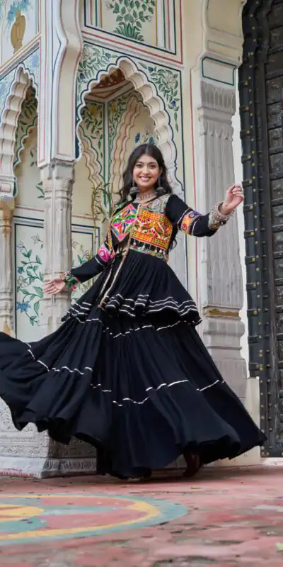 Ram 120 Black in Pure Cotton Mirror Work & Gamthi Work Lehenga Choli . Exclusive Offer ₹3049. Delivery 4-6 Working Days. Shop now. | Lehenga, Bollywood Lehenga, Creative Lehenga, Designer Lehenga, Embroidered Lehenga, Party Wear Lehenga