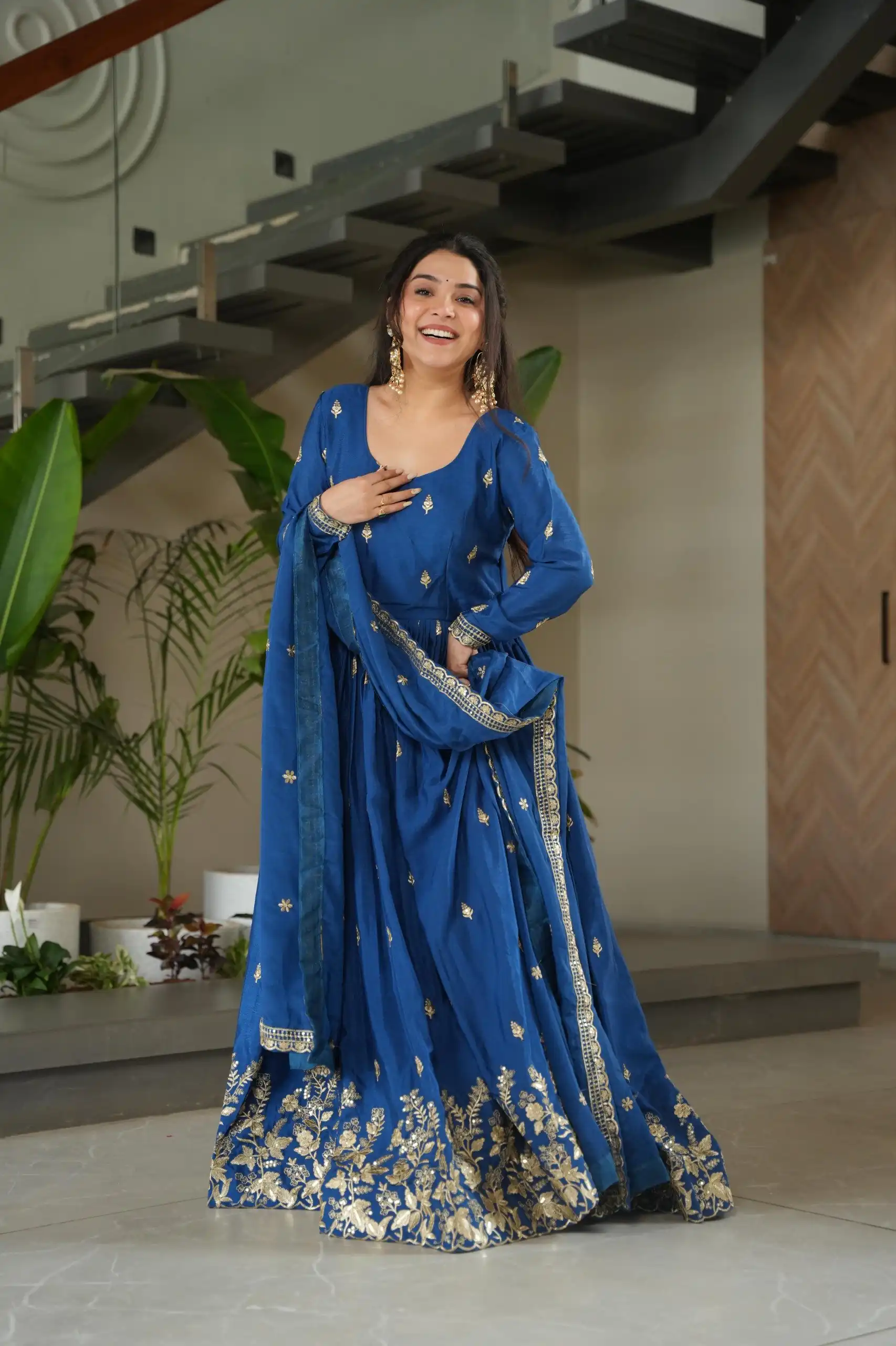 KA 1166 Blue Color Chinnon Gown with Zari Work & Embroidery Work. Available at ₹2099 only. Delivery 4-6 Working Days. Shop now. | Gowns, Bollywood Gowns, Creative Gowns, Designer Gowns, Embroidered Gowns, Party Wear Gowns