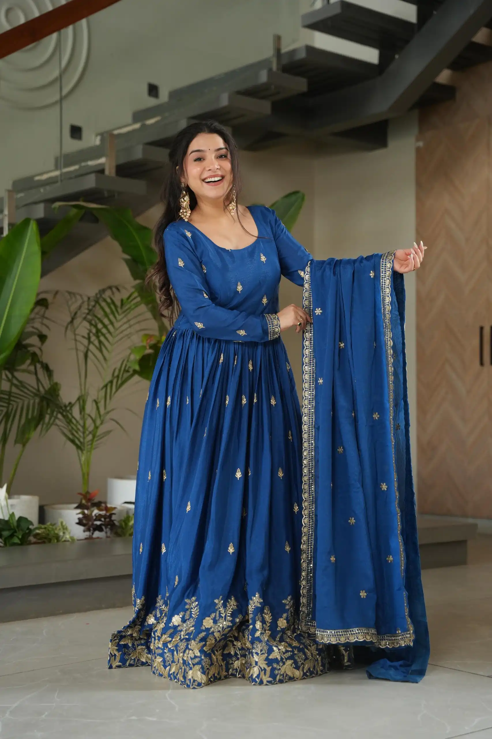 KA 1166 Blue Color Chinnon Gown with Zari Work & Embroidery Work. Available at ₹2099 only. Delivery 4-6 Working Days. Shop now. | Gowns, Bollywood Gowns, Creative Gowns, Designer Gowns, Embroidered Gowns, Party Wear Gowns