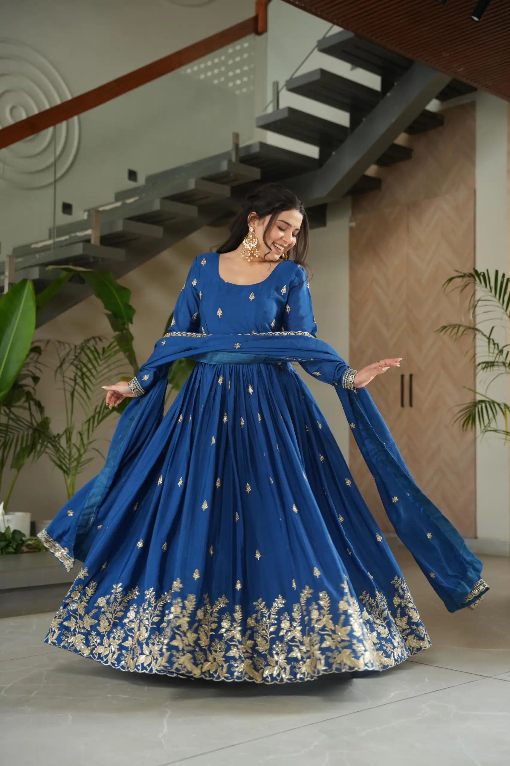 KA 1166 Blue Color Chinnon Gown with Zari Work & Embroidery Work. Available at ₹2099 only. Delivery 4-6 Working Days. Shop now. | Gowns, Bollywood Gowns, Creative Gowns, Designer Gowns, Embroidered Gowns, Party Wear Gowns