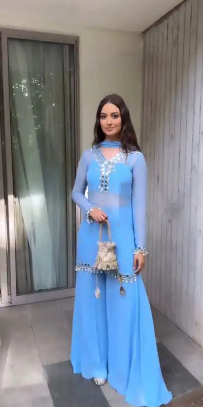 Blue Faux Georgette Cowrie Mirror Work Salwar Suit