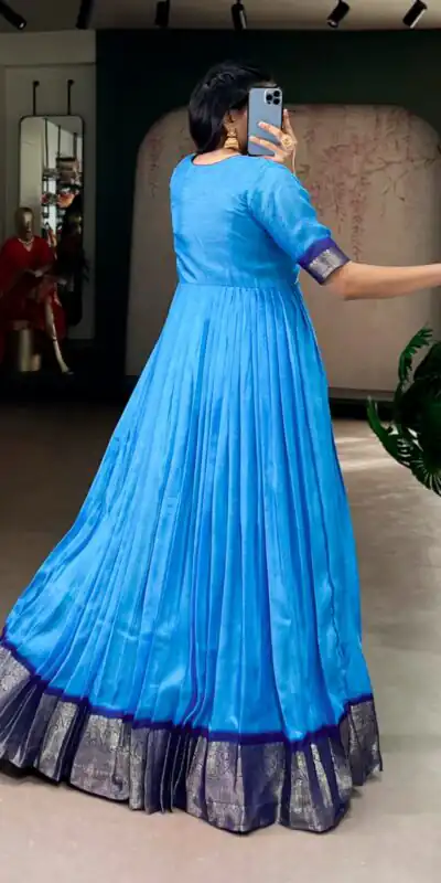 YNF 5012 Blue Mass Mello Gown with Zari Work. Available at ₹1799 only. Wedding, Party, Festive, Events Delivery 4-6 Working Days. Shop now. | Gowns, Bollywood Gowns, Creative Gowns, Designer Gowns, Embroidered Gowns, Party Wear Gowns