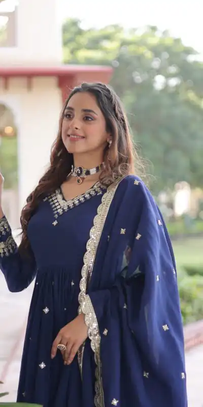 KA 1214 Blue Vichitra Silk Gown Perfect for Wedding, Party, Lohri, Onam, Festival Celebrations – . Grab it for ₹2449. Delivery 4-6 Working Days. | Gowns, Bollywood Gowns, Creative Gowns, Designer Gowns, Embroidered Gowns, Party Wear Gowns