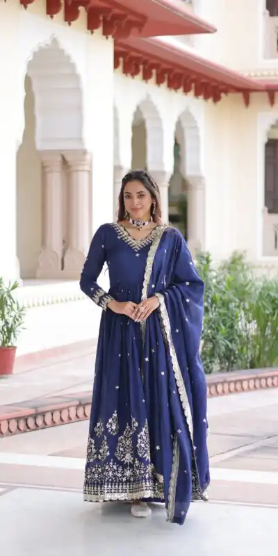 KA 1214 Blue Vichitra Silk Gown Perfect for Wedding, Party, Lohri, Onam, Festival Celebrations – . Grab it for ₹2449. Delivery 4-6 Working Days. | Gowns, Bollywood Gowns, Creative Gowns, Designer Gowns, Embroidered Gowns, Party Wear Gowns