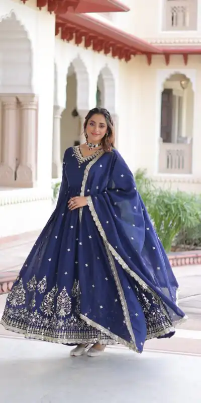KA 1214 Blue Vichitra Silk Gown Perfect for Wedding, Party, Lohri, Onam, Festival Celebrations – . Grab it for ₹2449. Delivery 4-6 Working Days. | Gowns, Bollywood Gowns, Creative Gowns, Designer Gowns, Embroidered Gowns, Party Wear Gowns