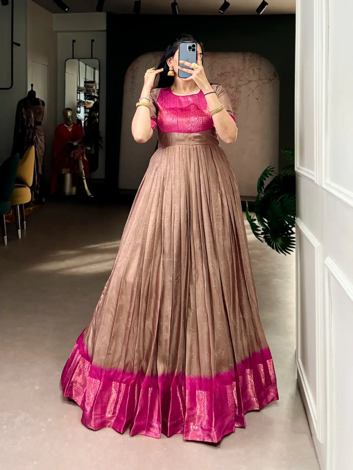 YNF 5012 Brown Mass Mello Gown with Zari Work. Available at ₹1799 only. Wedding, Party, Festive, Events Delivery 4-6 Working Days. Shop now. | Gowns, Bollywood Gowns, Creative Gowns, Designer Gowns, Embroidered Gowns, Party Wear Gowns