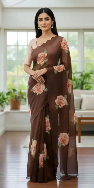 Brown TB Organza Digital Print Saree