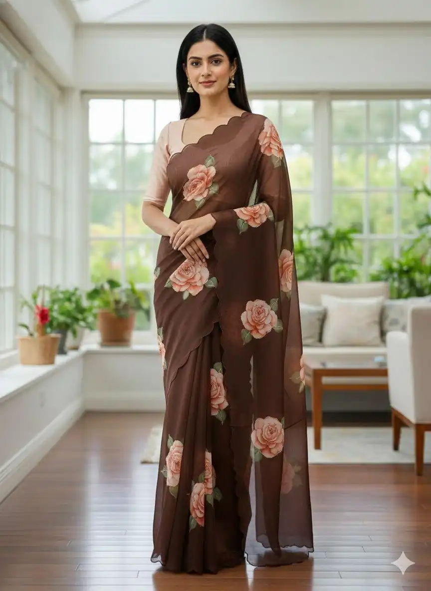 BT 412 Brown TB Organza Saree with Digital Print. Wedding, Party, Festive, Events, Navratri Garba, Special Price ₹1649. Delivery 4-6 Working Days. Shop now. | Designer Sarees, Sarees, Bollywood Sarees, Creative Sarees, Embroidered Sarees, Ethnic Saree, Modern Digital sarees, Party Wear Sarees
