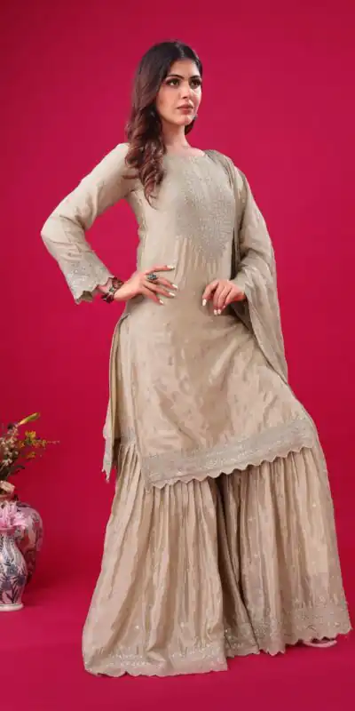 ZF 5006 Cream Color Chinon Silk Sequence Work Salwar Suit Casual, Wedding, Festive, Events . Expected Delivery  4-6 Working Days @2149/- only      | Jump Suits, Salwar suit, Casual Suits, Creative suits, Designer Suits, Palazzo Suits, Party Wear Suits, Patiala Suits, Straight Suits