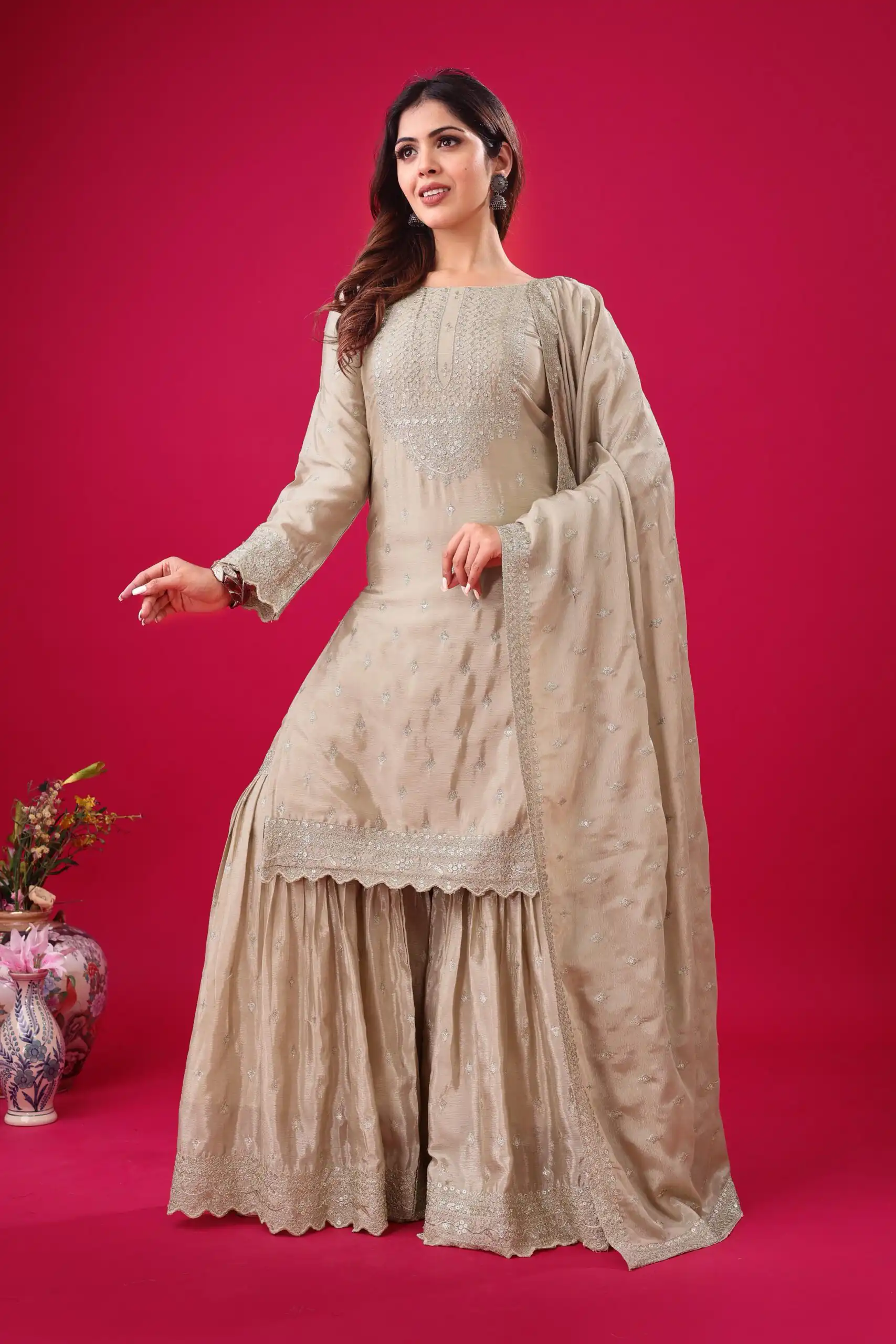 ZF 5006 Cream Color Chinon Silk Sequence Work Salwar Suit Casual, Wedding, Festive, Events . Expected Delivery  4-6 Working Days @2149/- only      | Jump Suits, Salwar suit, Casual Suits, Creative suits, Designer Suits, Palazzo Suits, Party Wear Suits, Patiala Suits, Straight Suits
