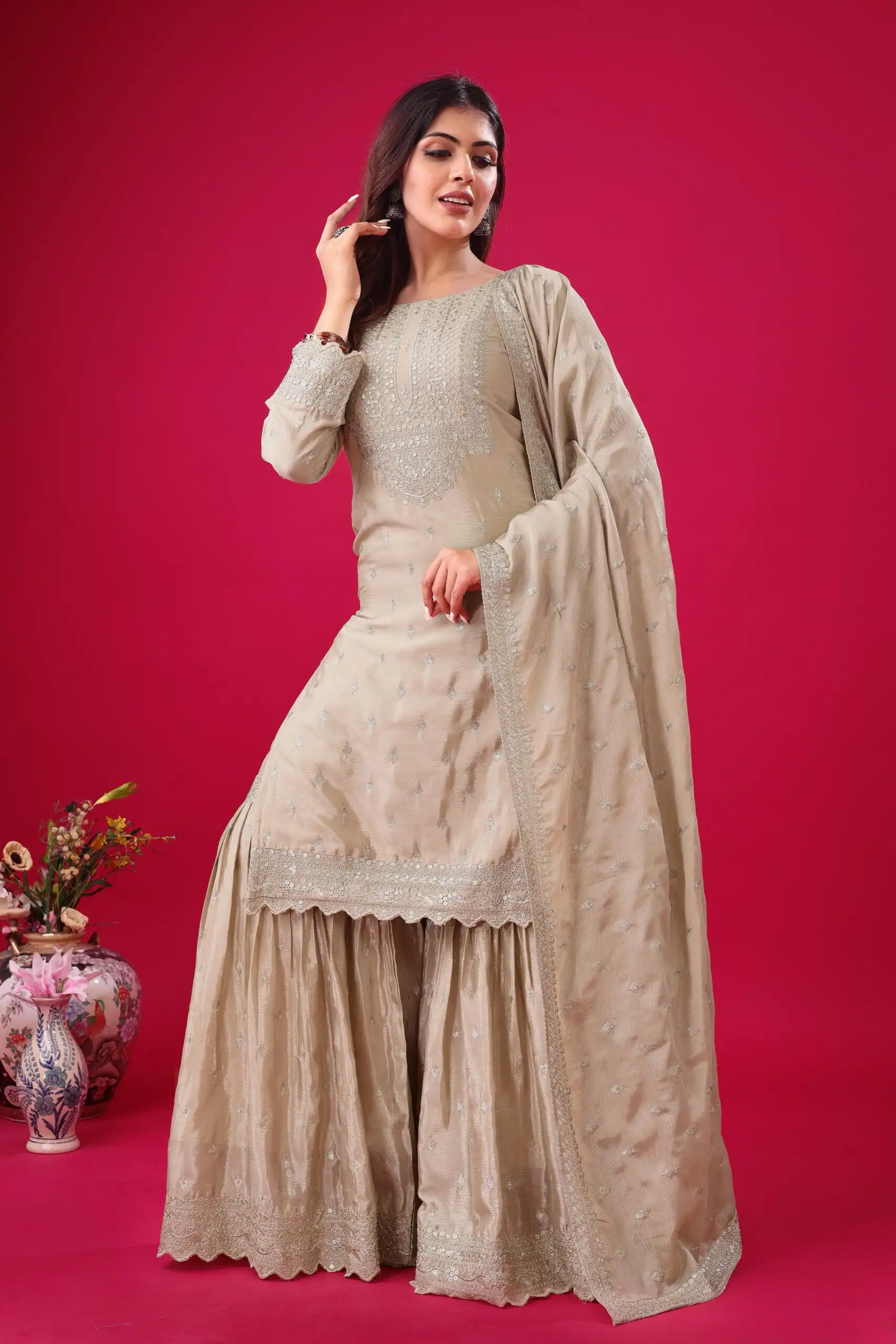 ZF 5006 Cream Color Chinon Silk Sequence Work Salwar Suit Casual, Wedding, Festive, Events . Expected Delivery  4-6 Working Days @2149/- only      | Jump Suits, Salwar suit, Casual Suits, Creative suits, Designer Suits, Palazzo Suits, Party Wear Suits, Patiala Suits, Straight Suits