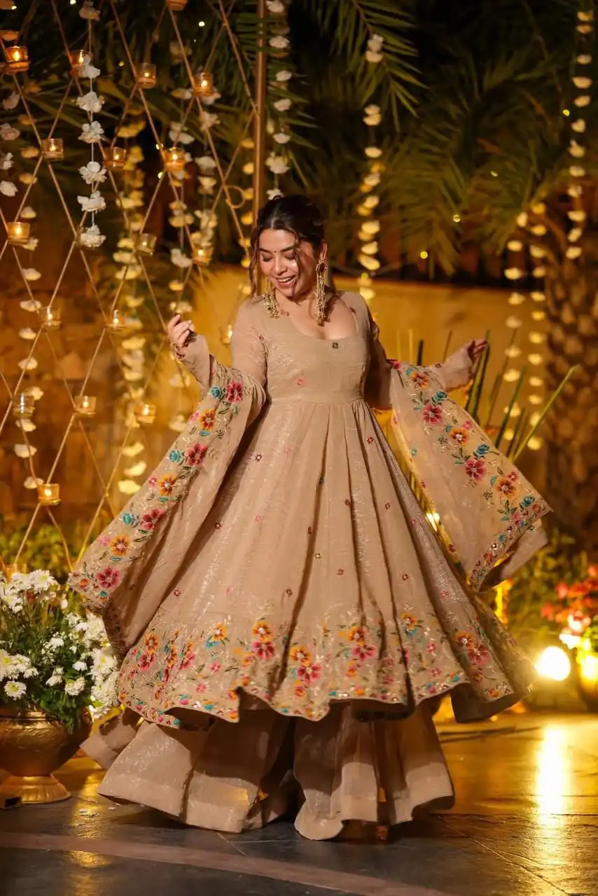 NSR 880 Cream Crunchy Silk Gown with Embroidery Work. Wedding, Party, Festive, Events Grab it for ₹2249. Delivery 4-6 Working Days. Shop now. | Gowns, Bollywood Gowns, Creative Gowns, Designer Gowns, Embroidered Gowns, Party Wear Gowns