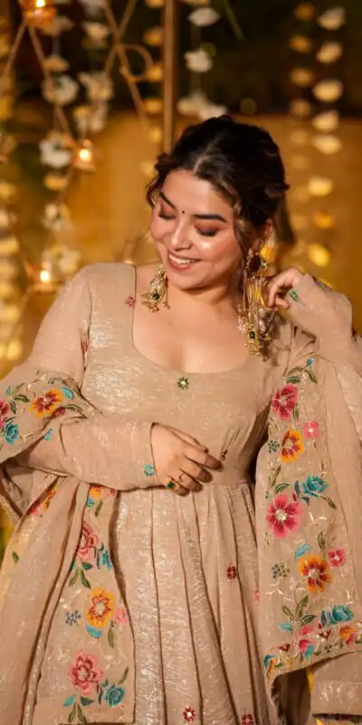 NSR 880 Cream Crunchy Silk Gown with Embroidery Work. Wedding, Party, Festive, Events Grab it for ₹2249. Delivery 4-6 Working Days. Shop now. | Gowns, Bollywood Gowns, Creative Gowns, Designer Gowns, Embroidered Gowns, Party Wear Gowns