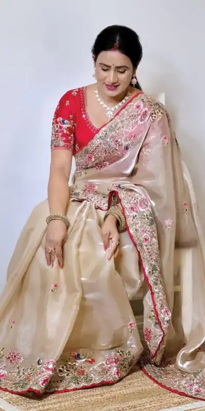 SC 1008 Cream Organza Silk Saree Perfect for Wedding, Party, Eid, Makar Sankranti, Anniversary –. Affordable Price ₹2399. Delivery 4-6 Working Days. | Designer Sarees, Sarees, Bollywood Sarees, Creative Sarees, Embroidered Sarees, Ethnic Saree, Modern Digital sarees, Party Wear Sarees