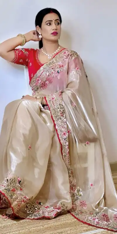 SC 1008 Cream Organza Silk Saree Perfect for Wedding, Party, Eid, Makar Sankranti, Anniversary –. Affordable Price ₹2399. Delivery 4-6 Working Days. | Designer Sarees, Sarees, Bollywood Sarees, Creative Sarees, Embroidered Sarees, Ethnic Saree, Modern Digital sarees, Party Wear Sarees