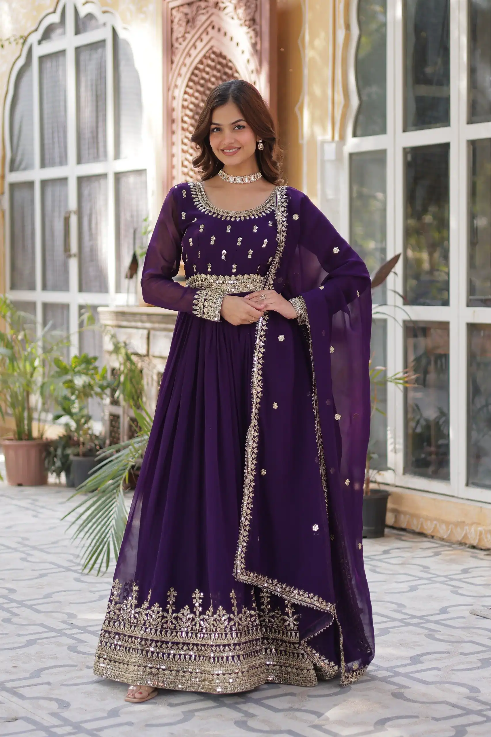 KA 1144 Dark Purple Faux Blooming Gown with Embroidery Work & Zari Work. Exclusive Offer ₹2449. Delivery 4-6 Working Days. Shop now. | Gowns, Bollywood Gowns, Creative Gowns, Designer Gowns, Embroidered Gowns, Party Wear Gowns