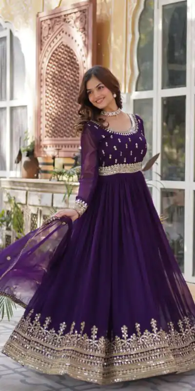 KA 1144 Dark Purple Faux Blooming Gown with Embroidery Work & Zari Work. Exclusive Offer ₹2449. Delivery 4-6 Working Days. Shop now. | Gowns, Bollywood Gowns, Creative Gowns, Designer Gowns, Embroidered Gowns, Party Wear Gowns