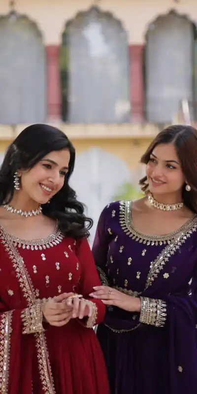 KA 1144 Dark Purple Faux Blooming Gown with Embroidery Work & Zari Work. Exclusive Offer ₹2449. Delivery 4-6 Working Days. Shop now. | Gowns, Bollywood Gowns, Creative Gowns, Designer Gowns, Embroidered Gowns, Party Wear Gowns