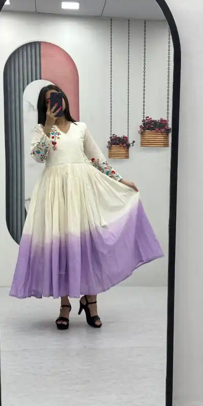 PC 526 Lavender Soft Cotton Gown with Embroidery Work. Wedding, Party, Festive, Events, Best Price ₹1749. Delivery 4-6 Working Days. Shop now. | Gowns, Bollywood Gowns, Creative Gowns, Designer Gowns, Embroidered Gowns, Party Wear Gowns