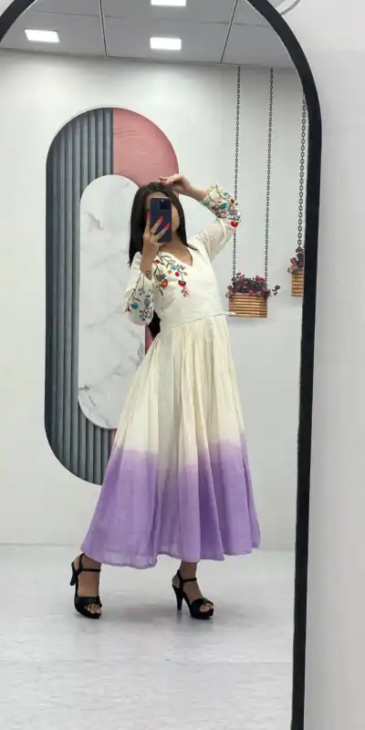 PC 526 Lavender Soft Cotton Gown with Embroidery Work. Wedding, Party, Festive, Events, Best Price ₹1749. Delivery 4-6 Working Days. Shop now. | Gowns, Bollywood Gowns, Creative Gowns, Designer Gowns, Embroidered Gowns, Party Wear Gowns