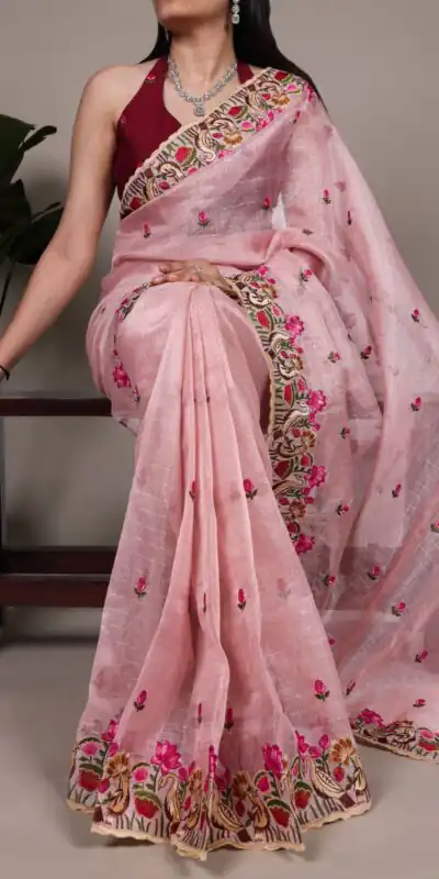 Light Pink Zari Kota Tissue Embroidery Zari Work Saree