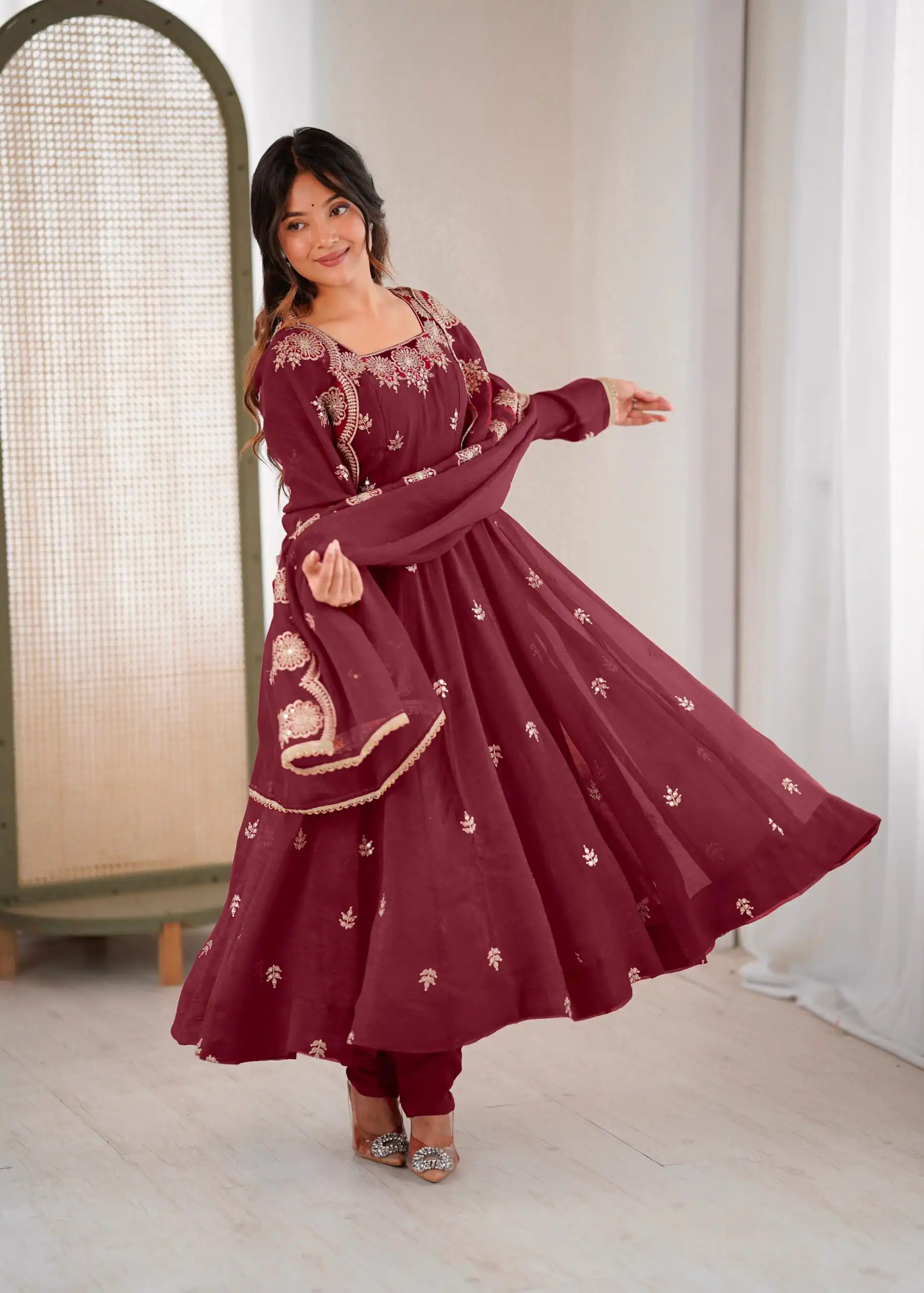ZF 5011 Maroon Crunchy Silk Gown with Embroidery Work. Wedding, Party, Festive, Events Best Price ₹2099. Delivery 4-6 Working Days. Shop now. | Gowns, Bollywood Gowns, Creative Gowns, Designer Gowns, Embroidered Gowns, Party Wear Gowns